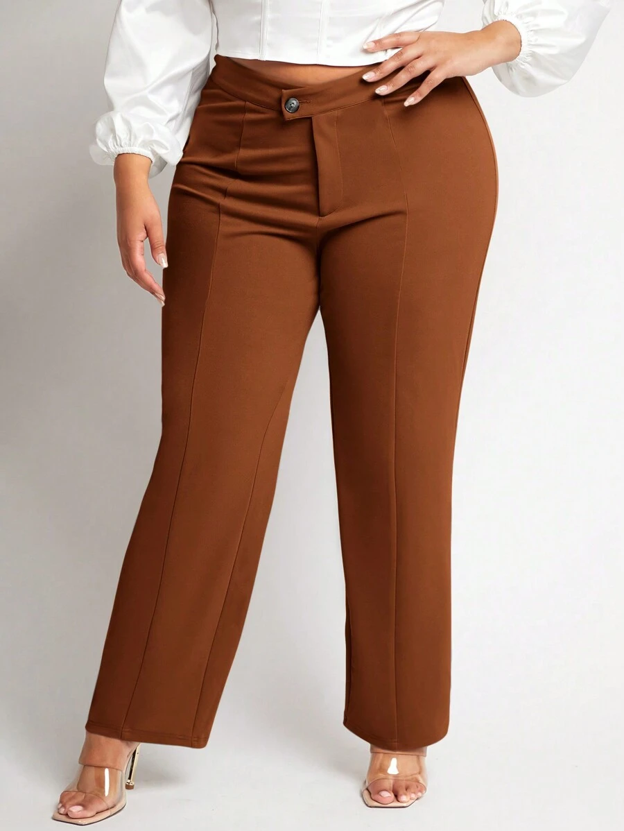 SHEIN SXY Plus Size Women Solid Color Toothpick Stripe Design Casual Straight Leg Pants - Brown - View 1