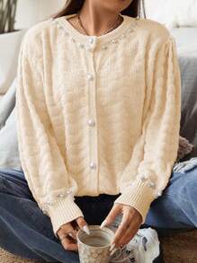 Flirla Plus Size Women's Beaded Decor Hollow Out Cardigan With A Graceful Elegant - Apricot - View 5