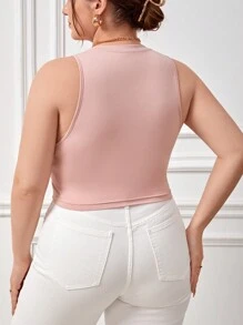 SHEIN EZwear Kích thước lớn Eo Chiều dài Không tay Áo Với Cổ áo có khía - Bụi hồng - Xem 2