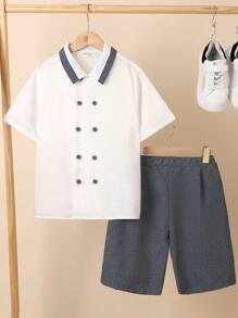 Cậu bé Tween Khối màu Cổ áo tây Đôi ngực Ngắn tay Áo sơ mi Và Bộ quần short , Quý ông - Xám - Xem 1