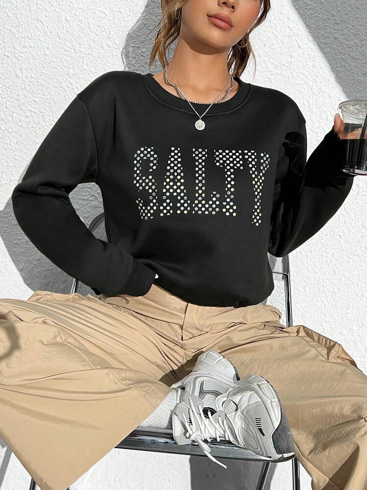 Women's Thickened Letter Print Fleece Short Sweatshirt Pullover Fall Sweatshirt