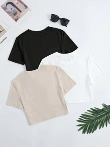 SHEIN Unity Round Neck Solid Short Sleeve Casual T-Shirt Crop Tee - Multicolor - View 2