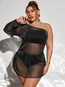 SHEIN Swim Curve 大码女式单肩网眼长袖比基尼套装夏季 - 黑色 - 查看 4