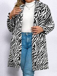 SHEIN LUNE Plus Size Fuzzy Zebra Print Coat - Black and White - View 6