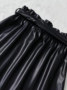 女童优雅款荷叶边装饰扣可拆卸腰带半身裙，配有前片 - 黑色 - 查看 4