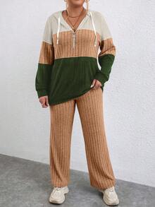 Calvaya Half-zip Drawstring Hoodie And Knitted Trousers Two-piece Set - Multicolor - View 3