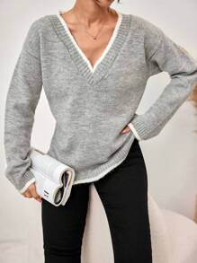 RueChic Drop Shoulder Scallop Trim Sweater - Grey - View 1