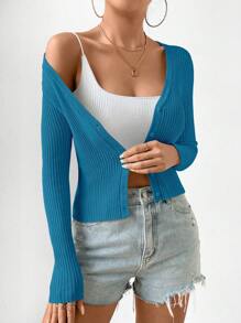 Chiquease Của phụ nữ Màu thuần Thon gọn Áo len Mở Áo len - Màu xanh lam - Xem 4