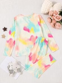Tween Girl Ribbed Tie-Dye Print Crew Neck Long Sleeve T-Shirt & Pants Pajama Set - Multicolor - View 2