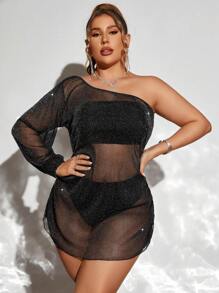 SHEIN Swim Curve 大码女式单肩网眼长袖比基尼套装夏季 - 黑色 - 查看 1
