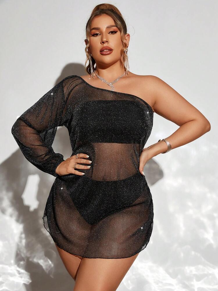 Plus Size Women's One Shoulder Mesh Long Sleeve Tankini Set Summer