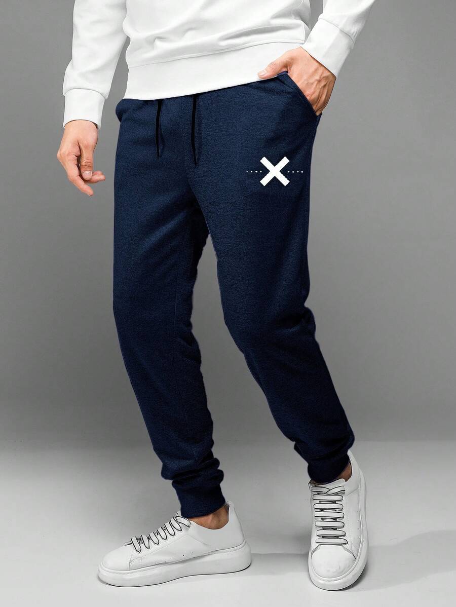 SHEIN Cottnline Men's Drawstring Jogger Pants With Text Print - Navy Blue - View 1