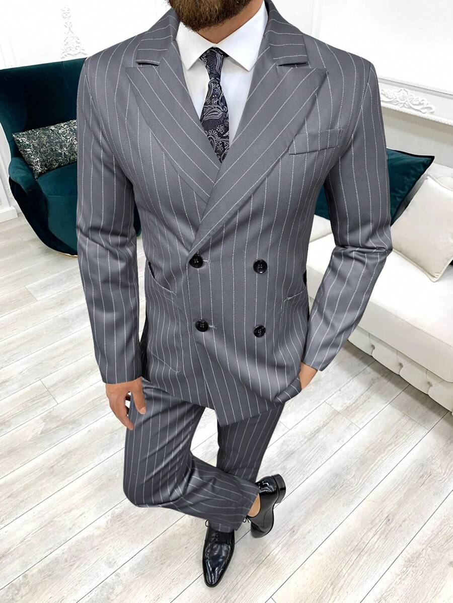 Manfinity Mode Men Striped Print Double Breasted Blazer & Suit Pants - Dark Grey - View 1