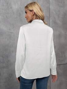 EMERY ROSE Áo sơ mi satin dài tay màu trơn cho trang phục dự tiệc ngày lễ - trắng - Xem 2