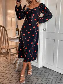 SHEIN Clasi 心形印花愛心領連衣裙 - 黑色 - 查看 3