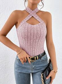 SHEIN Essnce 女士素色肋編鑲邊背心吊帶上衣 - 淺粉色 - 查看 4