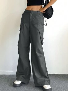 Solid Color Simple Cargo Trousers - Grey - View 7