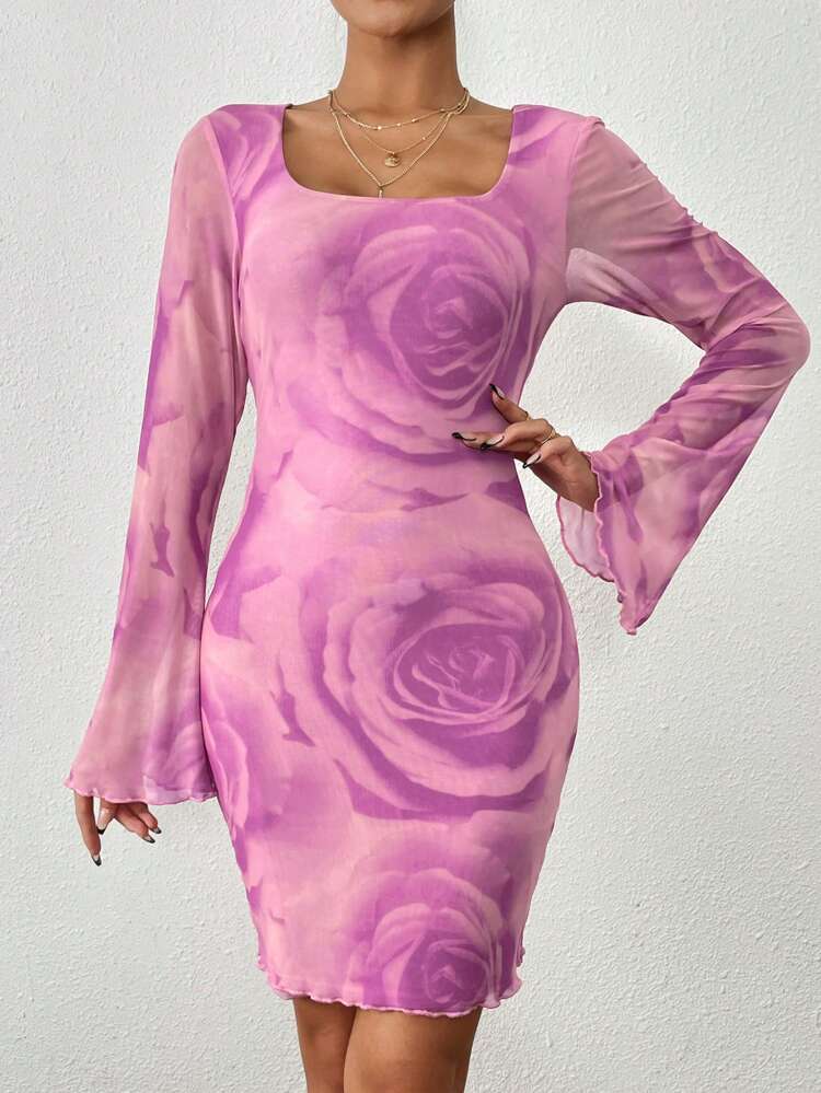 Women's Floral Printed Long Sleeve Bodycon Dress Fall Cloth For Women