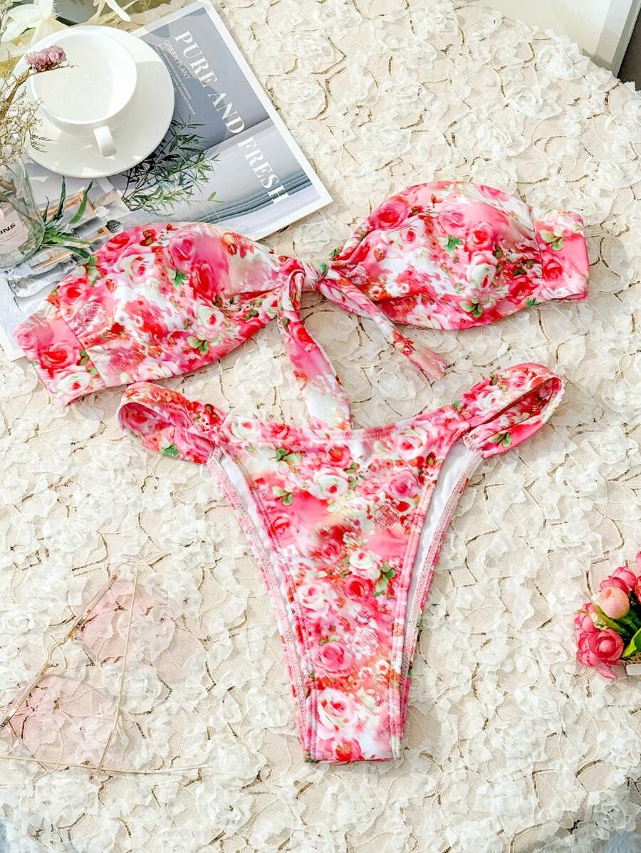 SHEIN Swim Summer Random Floral Print Knot Front Bandeau Bikini Set - Multicolor - View 1