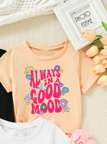 SHEIN 女童印花文字符短袖t恤 - 彩色 - 查看 3