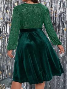 SHEIN Clasi Plus Size Glitter Patchwork Long Sleeve Dress - Dark Green - View 2