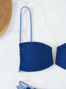 SHEIN Swim Summer Beach Hollow Out Solid Color Bikini Set With Shoulder Straps - Navy Blue - View 4