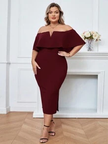 SHEIN Privé 大尺寸純色露肩開衩連身裙 - 紫紅色 - 查看 4