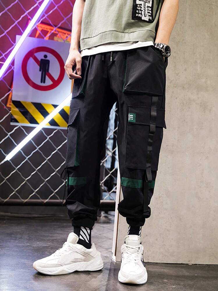 Manfinity Roghcode Men Ribbon Flap Pocket Cargo Pants Baggy Long Drawstring Color Block Going Out, For Fall - Black - View 6