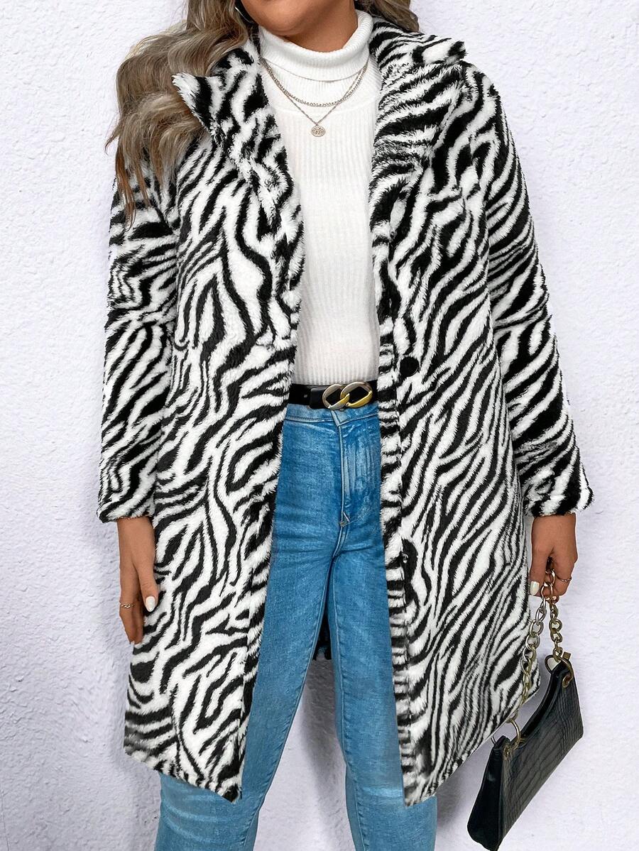 SHEIN LUNE Plus Size Fuzzy Zebra Print Coat - Black and White - View 1