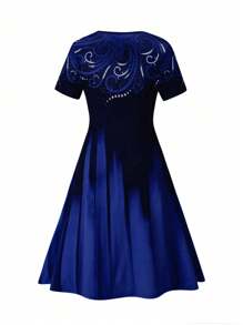 SHEIN Clasi Kích thước lớn Của phụ nữ In Ngắn tay Đầm - Màu xanh hải quân - Xem 2