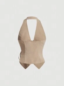 SHEIN MOD 女性前扣領結綁頸坦克上衣 - 杏色 - 查看 2