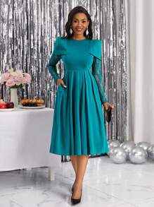 SHEIN Lady Women's Lace Splicing Dress With Angled Pockets Dress For Churches - Teal Blue - View 1