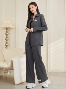 Mulvari Two Piece Set With Long Sleeve Shirt And Wide Leg Pants - Dark Grey - View 1
