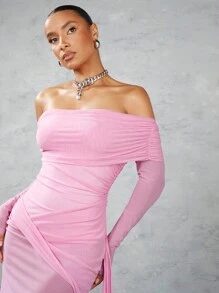 SHEIN BAE Women's Ruffle Draped Bodycon Dress With Front Slit And Sash Detail - Pink - View 6