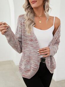 SHEIN LUNE Knitted Blend Double Pocket Cardigan With Open Front - Dusty Pink - View 4