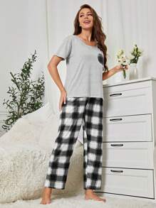 Conjunto De Pijama A Cuadros Con Corazones Para Mujeres