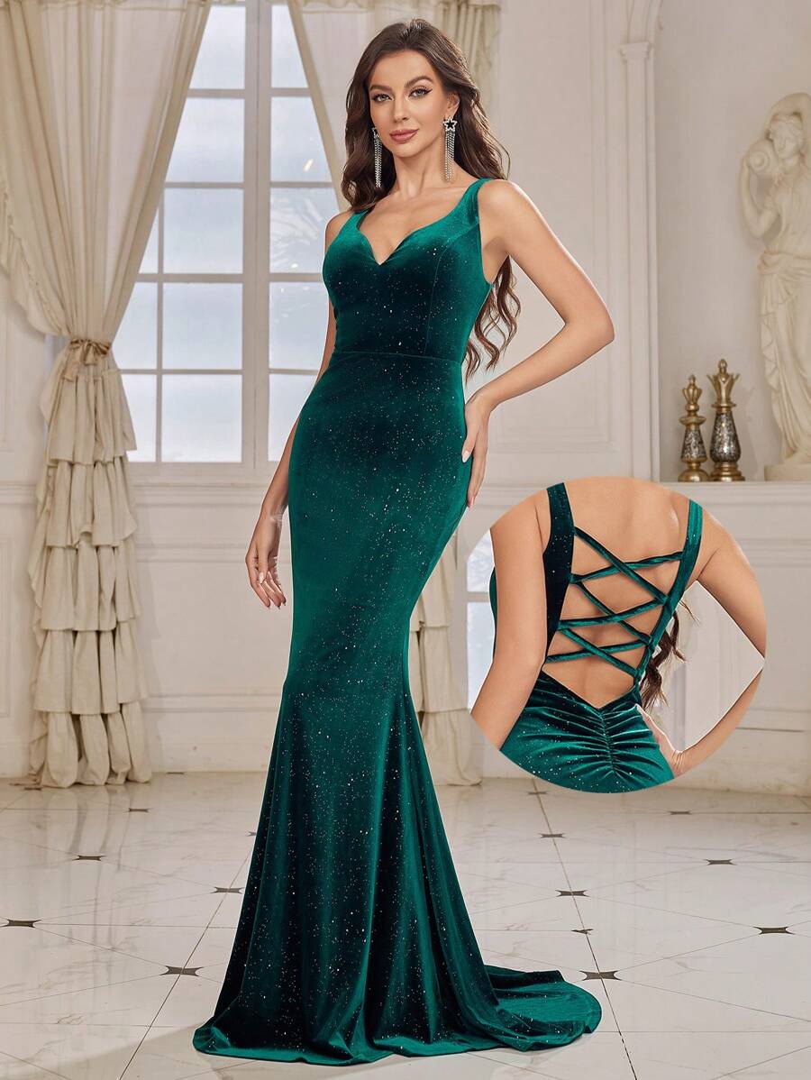 SHEIN Belle Women's Velvet Bodycon Mermaid Evening Dress With Cross Strap Back And Backless Design - Green - View 1