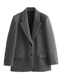 Elegant Oversized Gray Wool Blend Straight Jacket Outwear, Suitable For Commuting, Spring/Autumn - Dark Grey - View 10