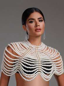 Modphy 女士假珍珠圓領、無背心、修身短款上衣 - 黑與白 - 查看 1