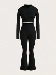 SHEIN Sports Women's Seamless Hooded Athletic Tracksuit - Black - View 1