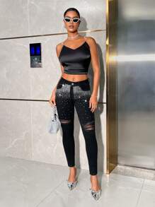 SHEIN BAE 女裝鑲有鑽石的緊身牛仔褲 - 黑色 - 查看 2