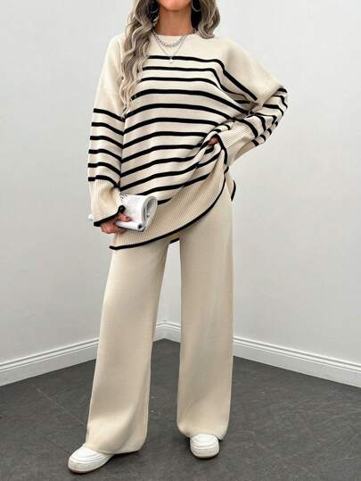 EURMUSE Randig Nedhasade aclar Tröjor Och Stickad Byxor , 2 st. Kvinnors Uppsättningar