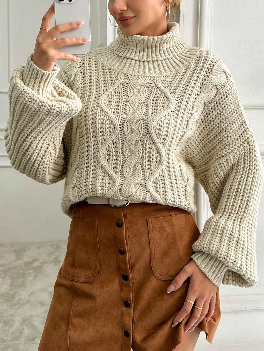 EURMUSE Jacquard Knit High Neck Casual Sweater - Apricot - View 1