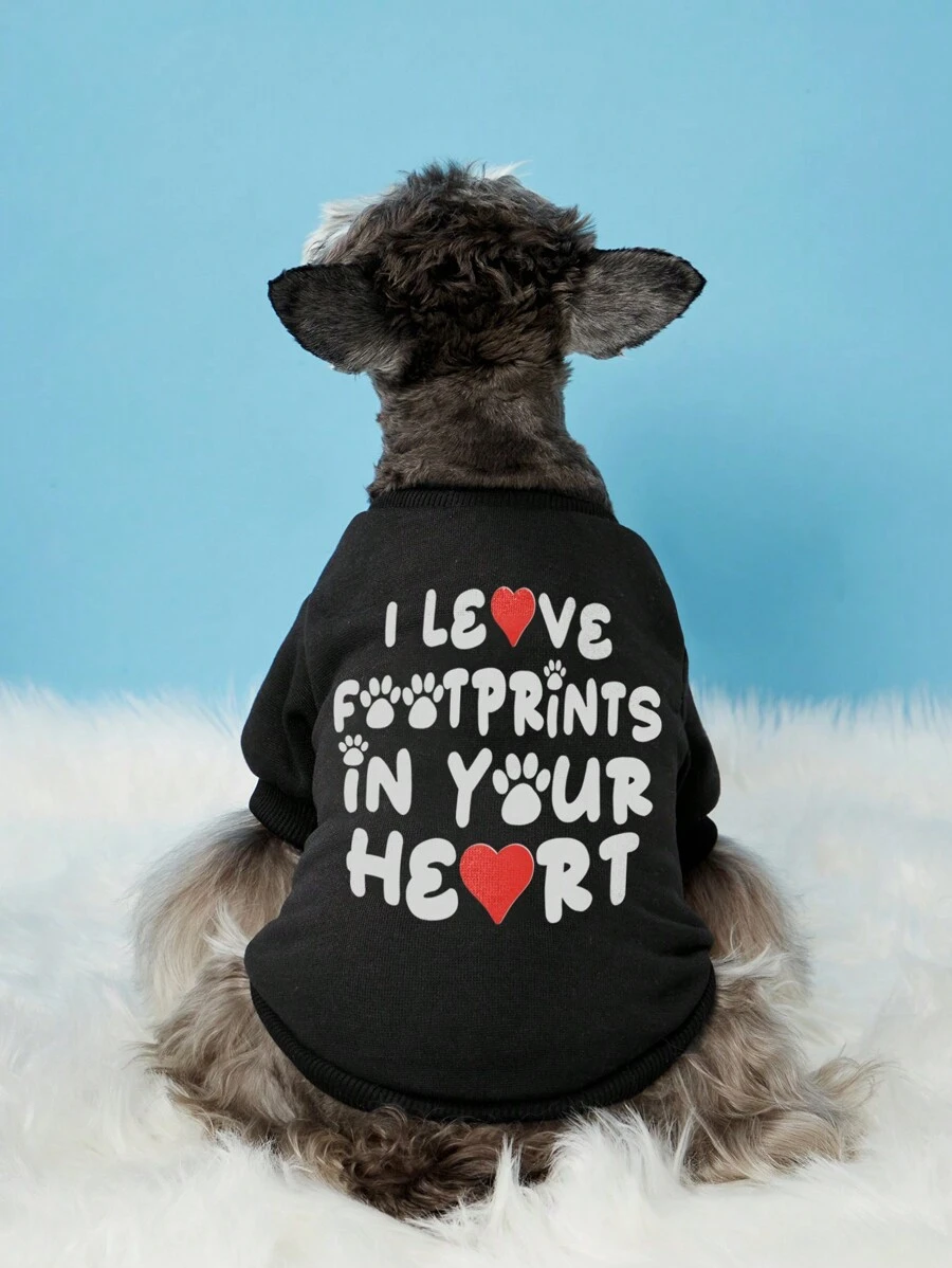 Reh Arte 1件黑色寵物紋理心形字母印花保暖無帽衫,適用於貓狗 - 彩色 - 查看 1