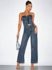 SHEIN BAE Washed Blue Biker Cup Detail Denim Top&Denim Corset