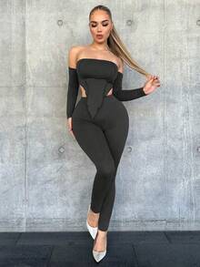 SHEIN SXY Asymmetric Hemline, Off-shoulder Top & Leggings Two Piece Set With Stitched Edge Detail - Black - View 5