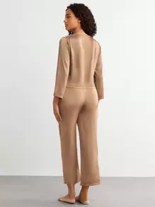 Ocili Elegant Coffee Brown V Neck Pant Set With Wrap Tie Front For Women Sleepwear