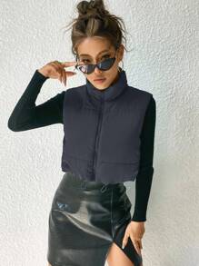 SHEIN Essnce 前拉链背心夹棉外套 - 灰色 - 查看 6