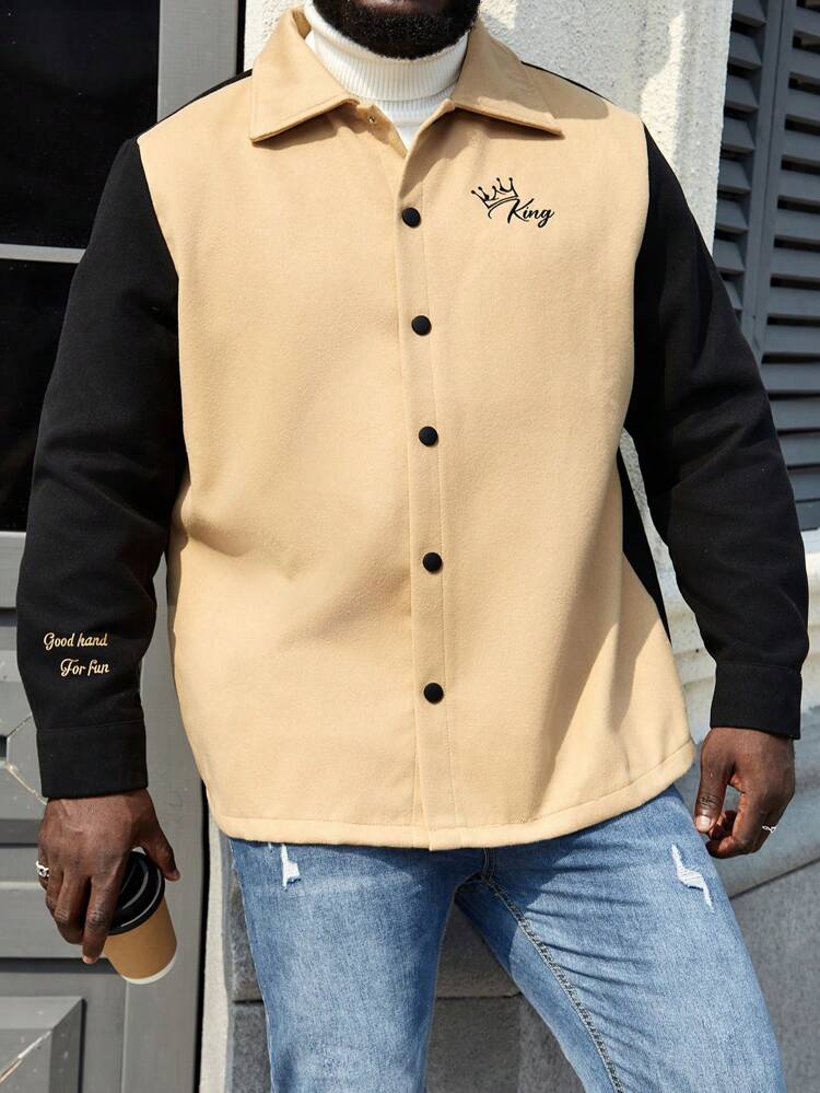 Plus Size Men's Overcoat With Letter Print And Color Block Design