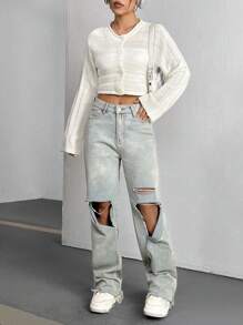 SHEIN Qutie Của phụ nữ Giải trí Áo len Mở - trắng - Xem 6